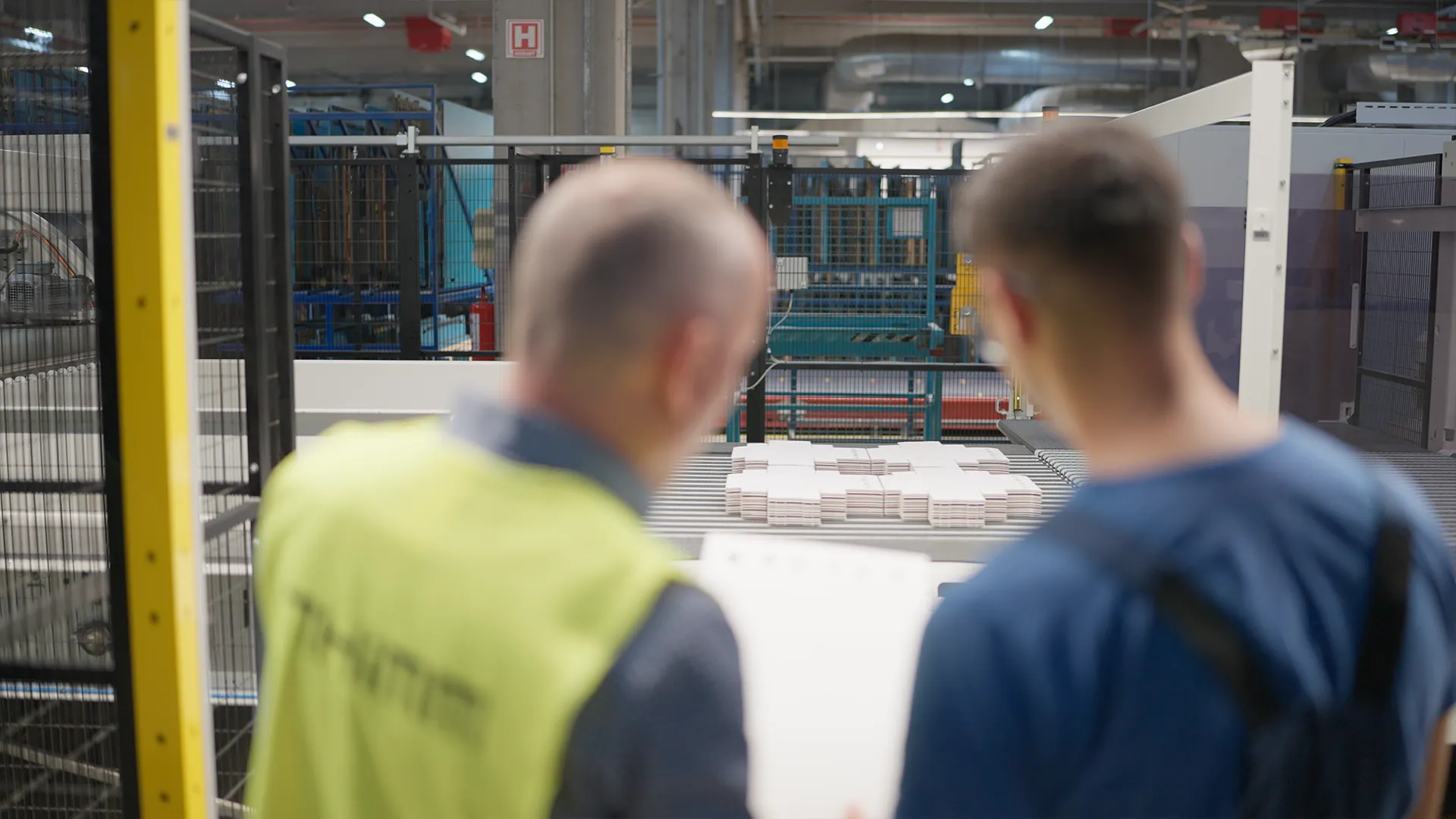 Controllo dei fustellati in uscita dalla linea BOBST, ripreso alle spalle degli operatori
